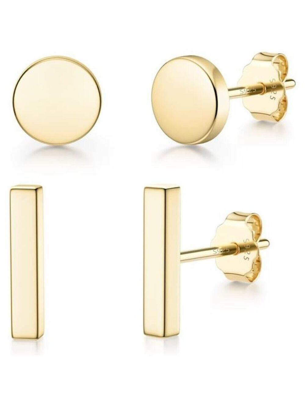 Gold Sterling Silver Stud Earrings Set Bar Dot Heart Star Hypoallergenic